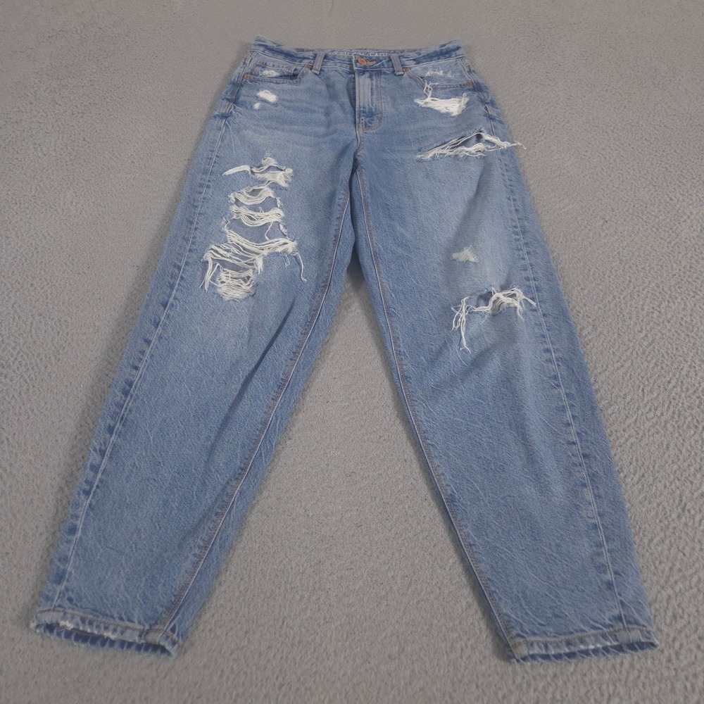 American Eagle Jeans Womens 0 Blue Relaxed Mom Distressed Tapered Cotton Denim